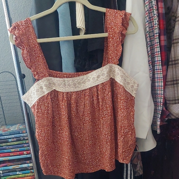 Crocheted Flutter Sleeve Floral Smocked Blouse Tank Top Summer Boho Beach - Picture 1 of 7